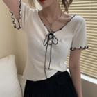 Short-sleeve Ruffle Trim Lace-up Knit Top
