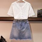 Set: Short-sleeve Lace Top + Mini Denim Skirt