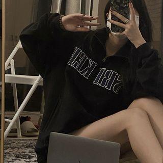 Front Pocket Half Zip Letter Sweatshirt