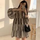 Long-sleeve Print Mini Dress Dark Brown & White - One Size