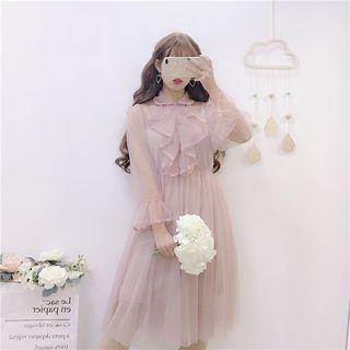 Set: Floral Applique Mesh Midi Shirtdress + Slipdress