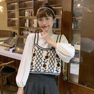 Print Vest Tank Top / Plain Long-sleeve Top