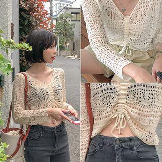 Drawcord Open-work Crop Knit Top