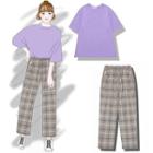 Crew-neck Short-sleeve T-shirt / Plaid Cropped Wide-leg Pants