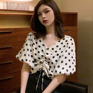 Dotted Drawstring Chiffon Blouse As Shown In Figure - One Size