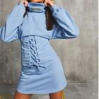 Long-sleeve Turtle-neck Tie-front Mini Dress
