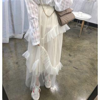 Plain Loose-fit Cardigan / Mesh Skirt