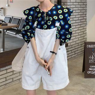 Wide-leg Jumper Shorts / Puff-sleeve Ruffled Floral Print Blouse