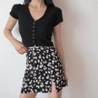 Short-sleeve Button-up Crop Top / Floral Print Mini Skirt
