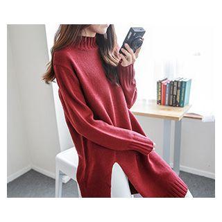 Mock-neck Slit-side Long Knit Top