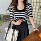 Square-neck Puff Short-sleeve Striped Knit Top