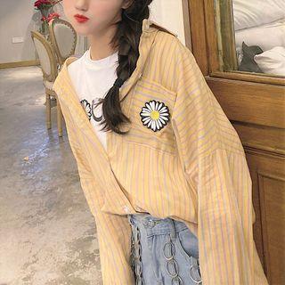 Short-sleeve Floral Embroidered T-shirt / Striped Shirt