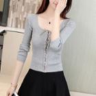 Plain Slim-fit Lace-up Round-neck Long-sleeve Knit Top