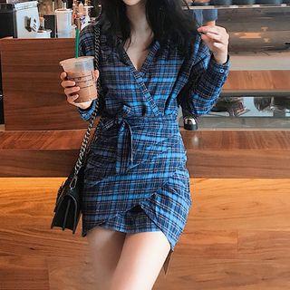 Long-sleeve Plaid Mini Sheath Dress As Shown In Figure - One Size