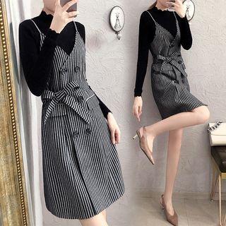 Long-sleeve Knit Top / Striped Mini Pinafore Dress / Set