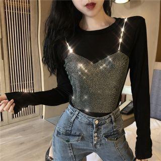 Long Sleeve Rhinestone Top Black - One Size