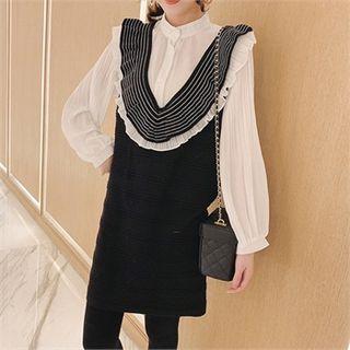 Set: Frilled Knit Mini Pinafore Dress + Blouse