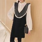 Set: Frilled Knit Mini Pinafore Dress + Blouse