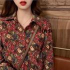 Long-sleeve Floral Print Corduroy Shirt Red - One Size