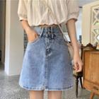 High-waist A-line Denim Split Mini Skirt