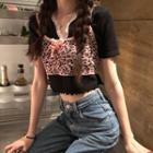 Set: Short-sleeve Cropped T-shirt + Leopard Camisole Top