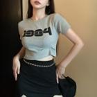 Short-sleeve Number Print T-shirt / Front-slit Mini Pencil Skirt / Strappy Bootcut Pants