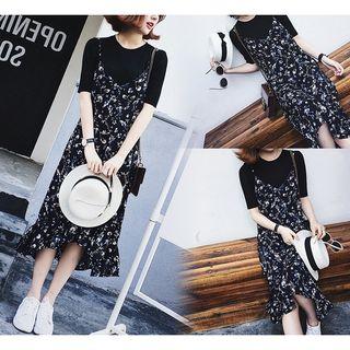 Set: Short-sleeve T-shirt + Spaghetti Strap Midi Floral Dress