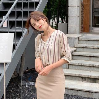 V-neck Striped Summer Blouse Light Beige - One Size
