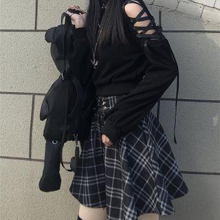 Cold-shoulder Sweatshirt / Plaid Mini A-line Skirt