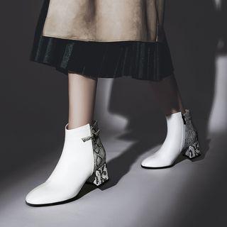 Faux Leather Panel Block Heel Ankle Boots