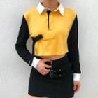 Long Sleeve Color-block Cropped Polo Shirt