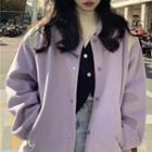 Long-sleeve Two-tone Plain Baseball Jacket Purple - One Size