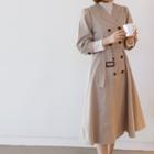Puff-sleeve Double-breasted Trench Dress With Sash Beige - One Size