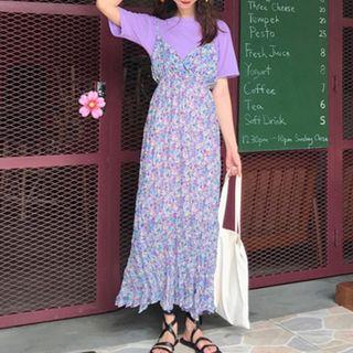 Short-sleeve T-shirt / Spaghetti Strap Floral Midi Dress
