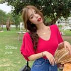 Puff-sleeve Slim-fit T-shirt Rose Pink - One Size