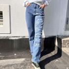 Lettering Frayed Straight Leg Loose Fit Jeans