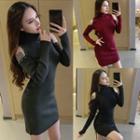 Cold Shoulder Turtle-neck Long-sleeve Knit Mini Sheath Dress