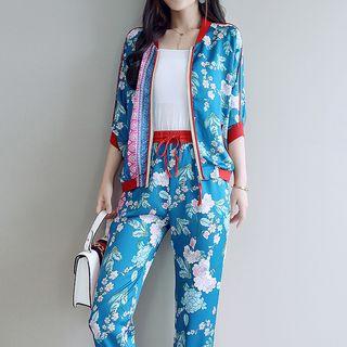 Set: Flower Print Zip Jacket + Cropped Pants