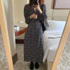 V-neck Sweater / Long-sleeve Flower Print Midi A-line Dress
