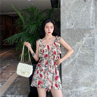 Set Of 2: Sleeveless Pleated Flower Layered Top + Wide-leg Shorts