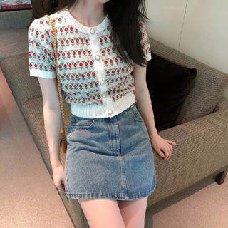 Short-sleeve Flower Print Cardigan White - One Size