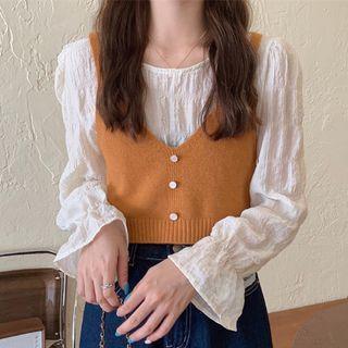 Plain Knit Cropped Vest / Flared-cuff Crinkle Blouse