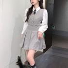 Plain Shirt / Tie / Pleated Mini A-line Overall Dress