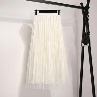 Feather Applique Mesh Overlay A-line Midi Skirt