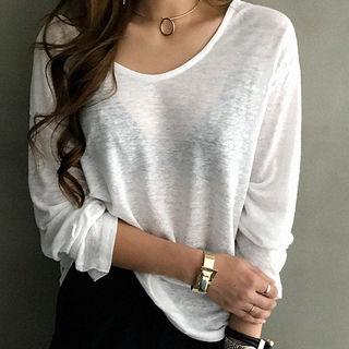 Scoop-neck Linen Blend T-shirt Brown - One Size