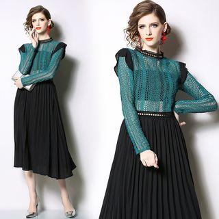 Lace Panel Long-sleeve Pleated Midi Dress