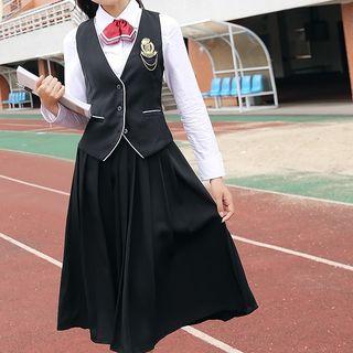 Set: Plain Shirt + Pleated Midi Skirt + Buttoned Vest + Neck Tie
