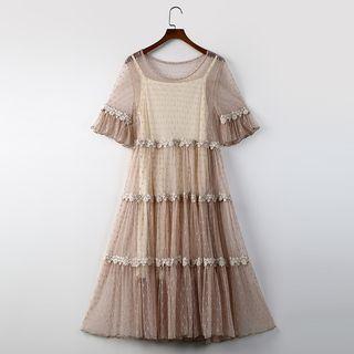 Set: Layered Short Sleeve Lace Dress + Slipdress
