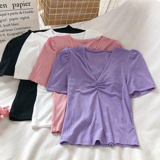 Plain Short-sleeve Frilled T-shirt