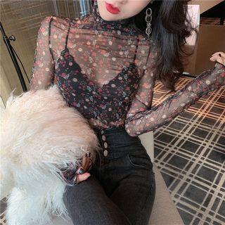Cowl-neck Floral Sheer Top Black - One Size